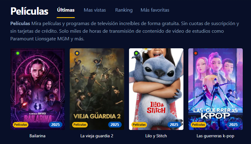 Imagen de la interfaz de Pepelisplus mostrando películas y series organizadas